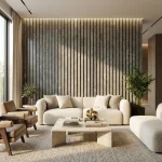 Black and gold marble acoustic slat wall panels used as a feature wall in a luxury living room.