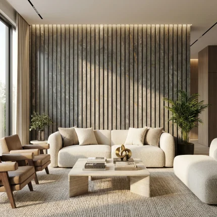 Black and gold marble acoustic slat wall panels used as a feature wall in a luxury living room.