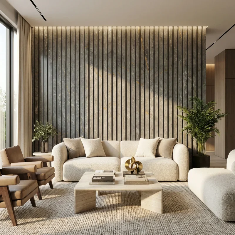 Black and gold marble acoustic slat wall panels used as a feature wall in a luxury living room.