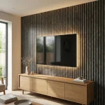 Black & gold marble acoustic slat wall panels installed as a modern living room media wall.