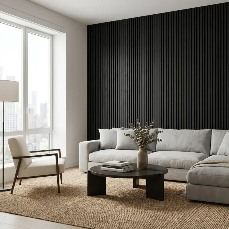 Black acoustic slat wood panels feature wall in a bright minimalist living room with grey sofa.