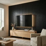 Black acoustic slat wood panels with LED lighting installed as a modern media wall.