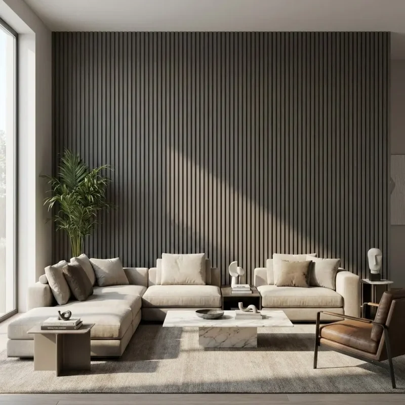 Dark grey acoustic slat wood panels installed as a full feature wall in a modern living room with sectional sofa.