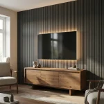 Dark grey acoustic slat wood panels with LED lighting installed as a modern living room media wall.