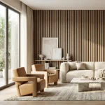 Dark oak acoustic slat wood panels feature wall in a sunlit modern living room with leather armchairs.