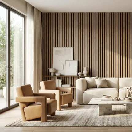 Dark oak acoustic slat wood panels feature wall in a sunlit modern living room with leather armchairs.