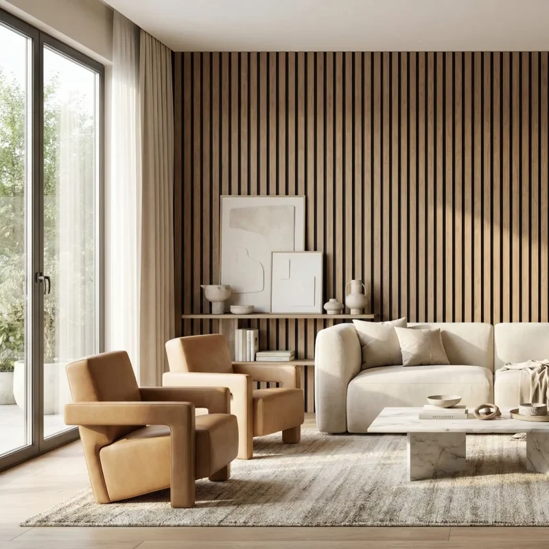 Dark oak acoustic slat wood panels feature wall in a sunlit modern living room with leather armchairs.