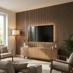 Dark oak acoustic slat wood panels with LED lighting featured as a modern living room media wall.