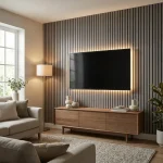 Light grey acoustic slat wood panels installed as a feature wall in a modern living room with TV.