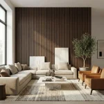 Smoked oak acoustic slat wood panels feature wall in a sunny modern living room with beige sectional sofa.