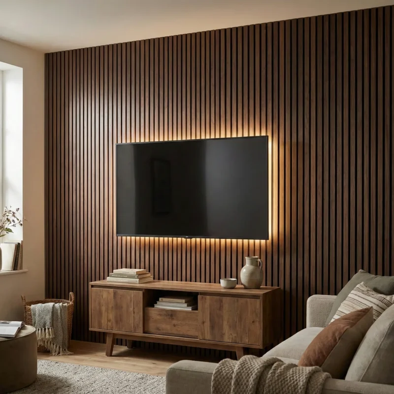 Smoked oak acoustic slat wood panels installed as a modern media wall with LED backlighting.