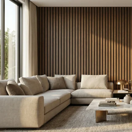 Walnut acoustic slat wood panels installed as a full feature wall in a sunlit living room behind a beige sectional sofa.
