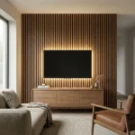 Walnut acoustic slat wood panels with LED lighting featured as a modern living room media wall.