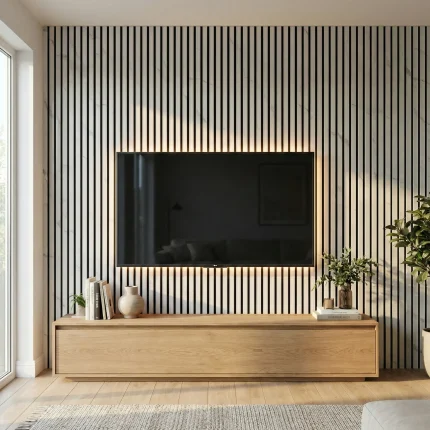White marble acoustic slat wall panels with LED lighting installed as a modern TV media wall.