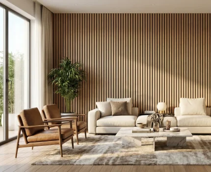 Natural oak acoustic slat wood panels feature wall in a sunlit modern living room with leather armchairs.