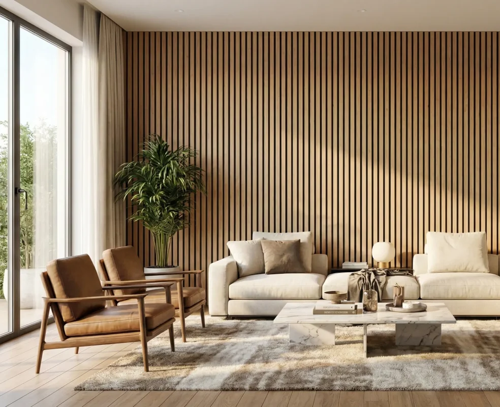 Natural oak acoustic slat wood panels feature wall in a sunlit modern living room with leather armchairs.