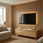 Natural oak acoustic slat wood panels installed as a modern media wall with LED lighting behind a TV.